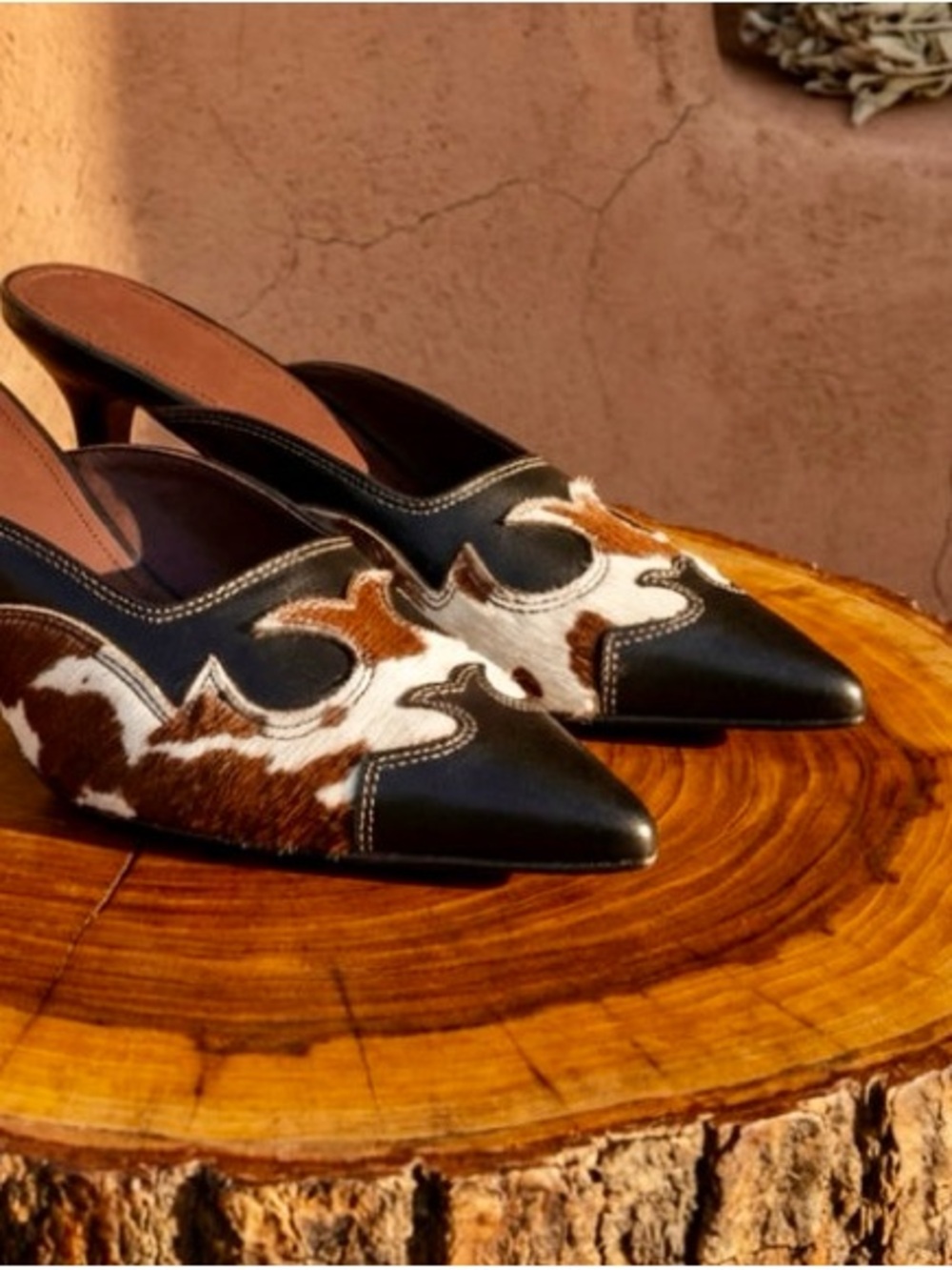 Women's Pointed Mule Heels in Black and Brown Cowhide